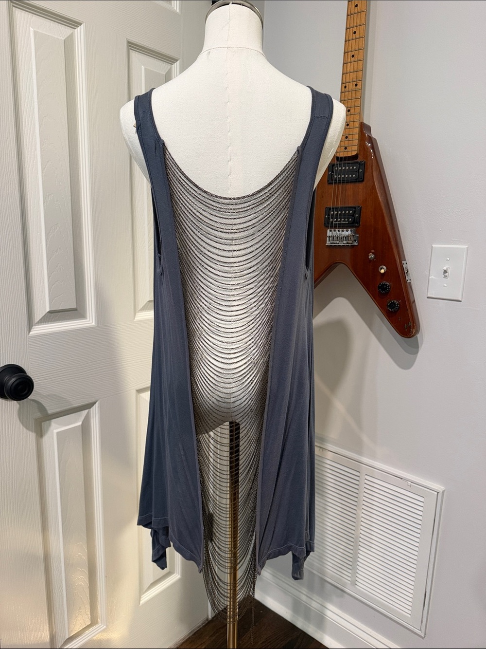 SKEMO Boho Gray Duster Vest Dramatic Chain Mesh Back Rayon Y2K Festival